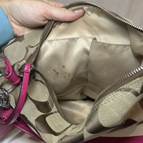 Coach Daisy Outline Signature shoulder bag Dark Tan Canvas Pink Leather pockets - Picture 11 of 13